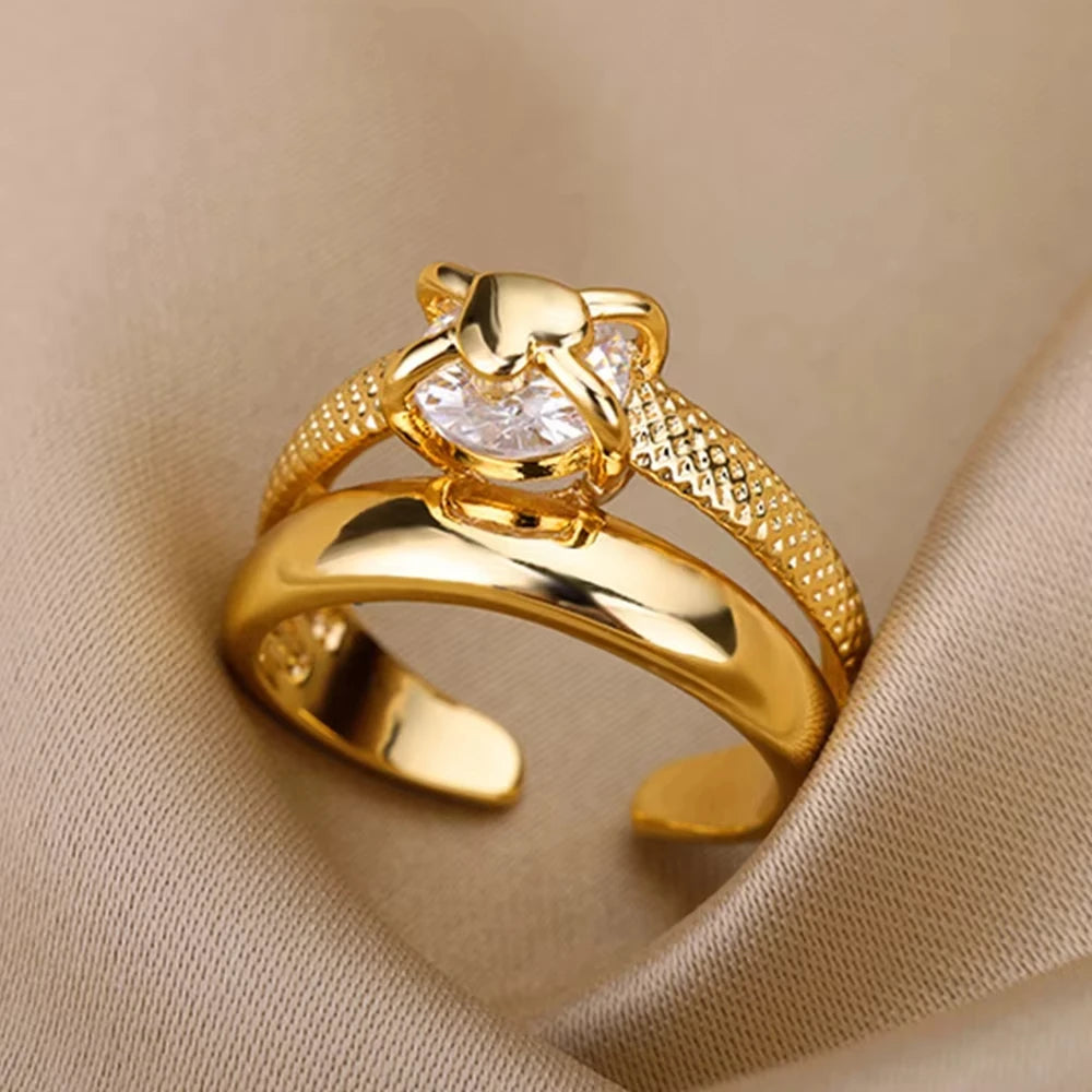 Gold Plated Stainless Steel Crystal Rings For Women Chain Geometry Zircon Finger Ring Jewelry Gift anillos mujer 2025 New Trendy.