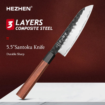 HEZHEN 1PC-5PC Kitchen Knife Set Chef Utility Stainless Steel 3 Layers Composite Steel Santoku Nakiri Kitchen Accessories