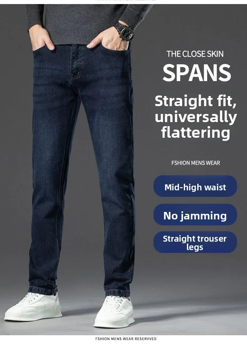 Autumn Winter New High Elasticity Men's Business Jeans Haze Blue Black Gray Denim Trousers Men's Pants Work Clothes Brand.