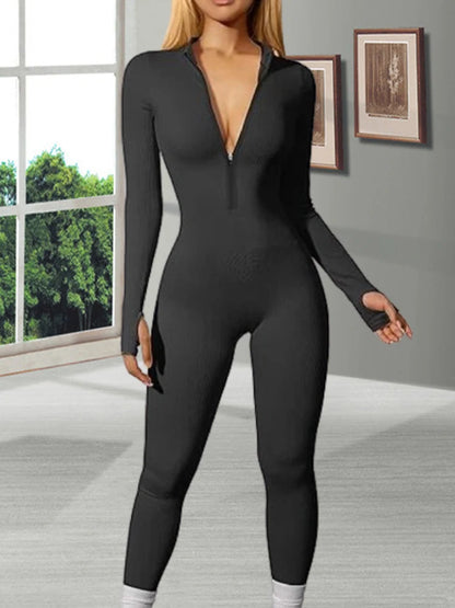 Woman Fall Tight Long Sleeved Zipped Slim-fitting Long Romper Female High Waist Solid Color Ribbed Sports Sexy Hot Girl Jumpsuit.