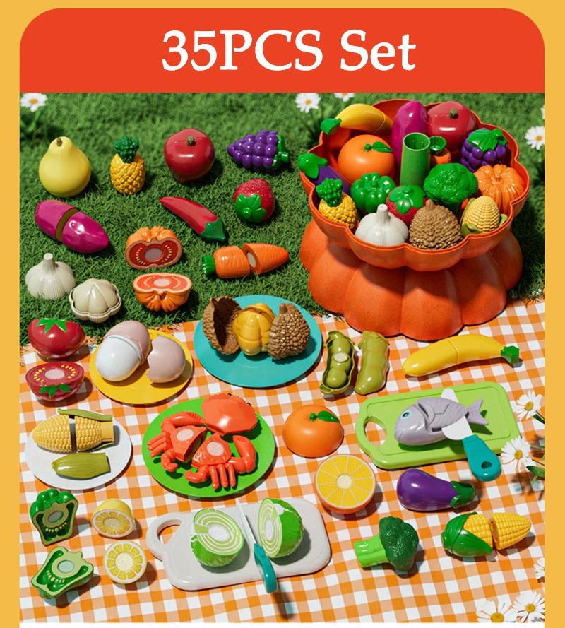 Kid Pretend Play Kitchen Toy Set Simulation Cut Fruit Vegetables Sensory Game Make Pizza Food Cook Girl Interactive Education To