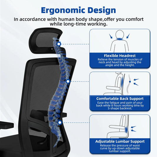 AUTHMIC Ergonomischer Bürostuhl, Netzrückenlehne, verstellbare Armlehnen, Lordosenstütze, drehbarer Schreibtischstuhl für das Heimbüro