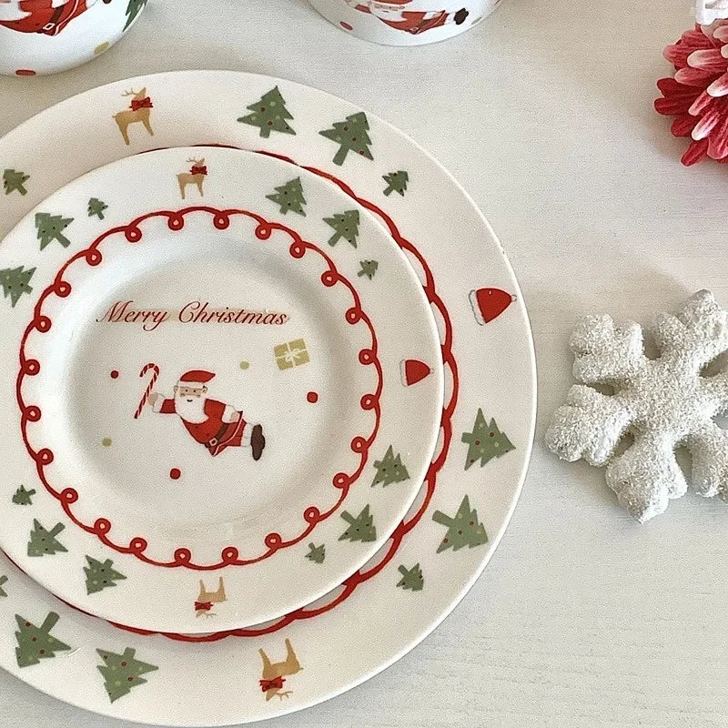 Santa Claus Ceramic Coffee Cup and Saucer Suit Hand-painted Christmas Plate Home Breakfast Milk Juice Cup Fruit Dessert Plate.