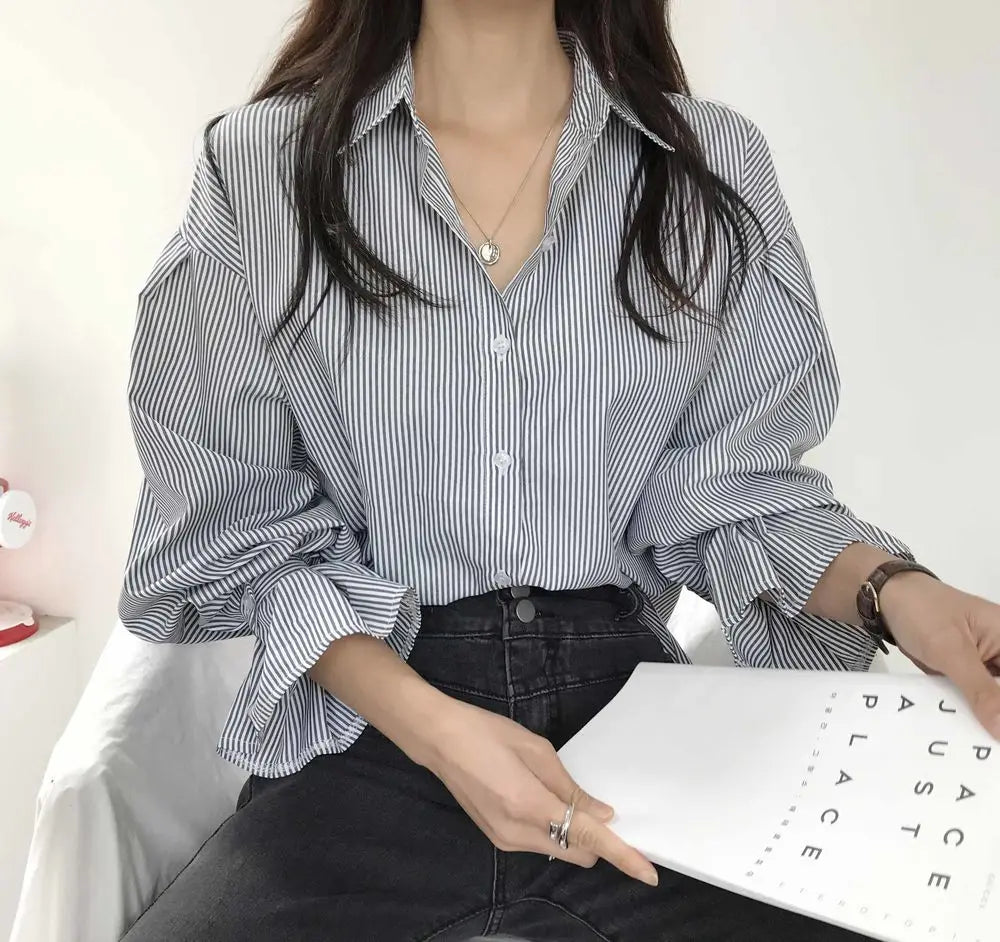 oose Stripe Women Shirts 2025 Fashion Lapel Collar Long Sleeve Shirt Elegant Classic Top.