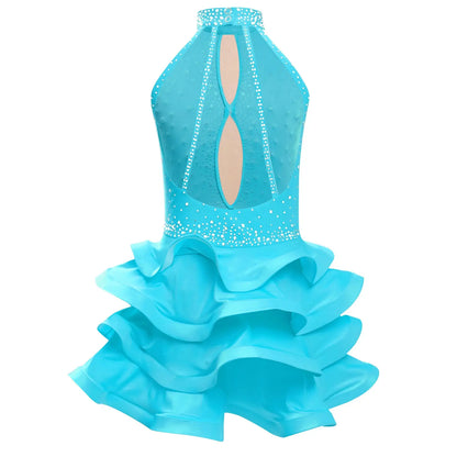 Eiskunstlauf-Kostüm für Teenager-Mädchen, lateinamerikanischer Tanz, Cha-Cha, Tango, Performance-Tanzbekleidung, ärmelloses, gestuftes Kleid mit Strasssteinen