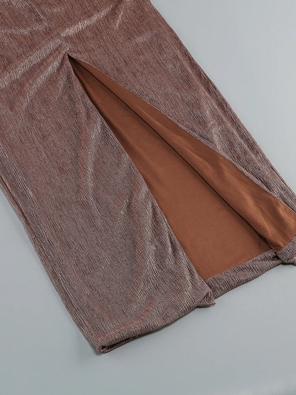 Sexy eine Schulter drapiert Glitzer langes Kleid Frauen braun Korsett funkelnd rücken frei figur betonte Maxi kleider Abend party Kleider.