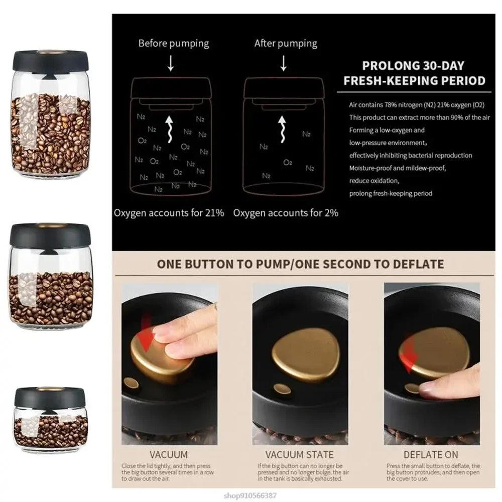 Coffee Beans Vacuum Sealed Tank Transparent Glass Food Storage Jars Household Moisture-proof Air Extraction Airtight Container.