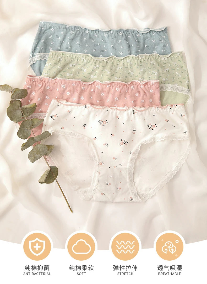 New Women Panties Antibacterial Cotton Lace Underwear Women's Floral Sweet Girls Briefs Mid-waist Shorts Female Lingerie M-XXL.