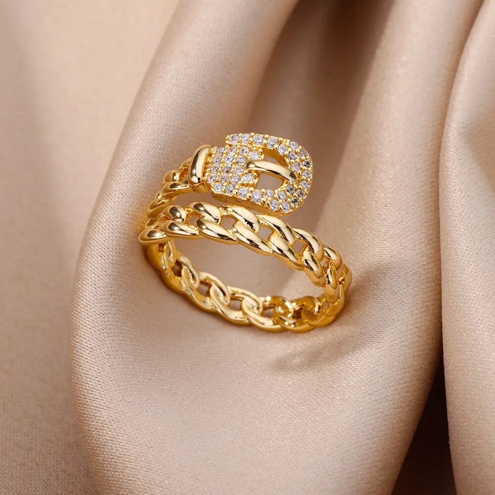 Luxury Zircon Geometric Rings For Women Stainless Steel Gold Color Open Ring Trendy Wedding Party Aesthetic Jewerly Gift Femme.