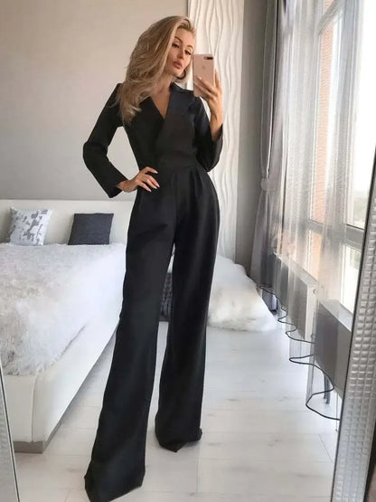 Slim Fit One Piece Pants V Neck Solid Color Long Pants Autumn New Style Commuter Women's Clothing Pure Color Overalls.