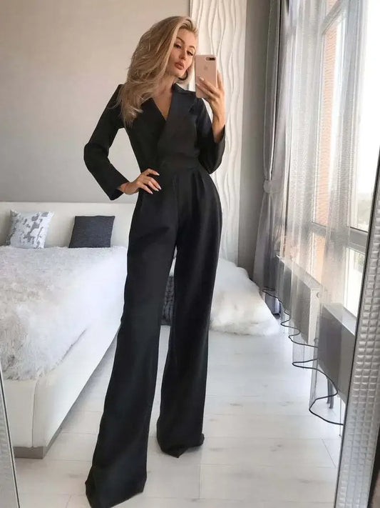 Slim Fit One Piece Pants V Neck Solid Color Long Pants Autumn New Style Commuter Women's Clothing Pure Color Overalls.