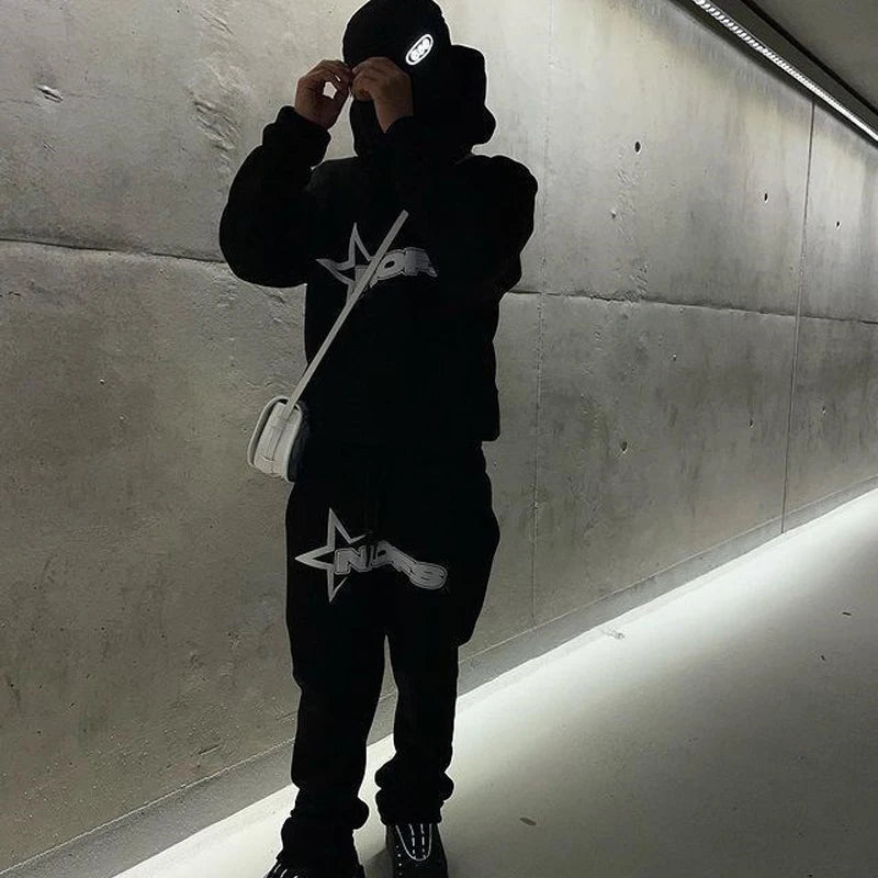 2024 New 2 Piece Set Letter Printing Streetwear Y2K Men's Hip Hop Oversized Hoodie Sweatshirt Sweatpant Casual Pants Sportswear.