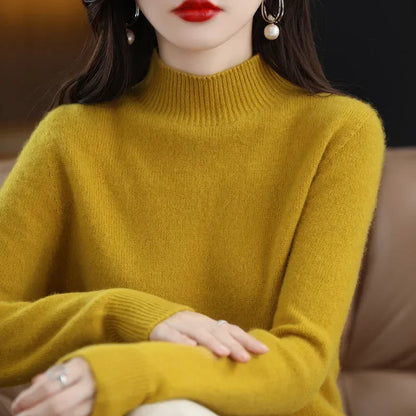 Herbst Winter Frauen Pullover Koreanische Mode Warme Bodenbildung Shirts Halb Hohe Kragen Grundlegende Strickwaren Solide Langarm Pullover