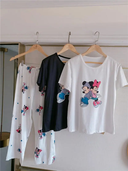 Sommer Pooh Bär Nachtwäsche frauen Lose Bequeme Cartoon Print Hause Kleidung Set Kurzarm Nachthemd Mickey Pyjama Set