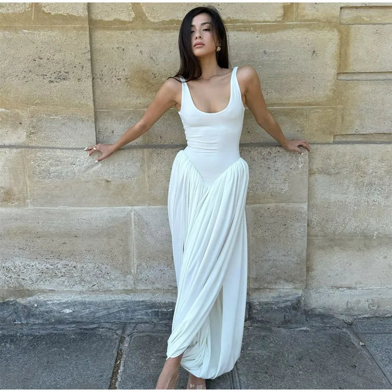 Schwarzes A-Linien-Langkleid für Damen, elegant, quadratischer Ausschnitt, plissiert, ärmellos, Sling-Maxikleider, 2025, Sommer-Dame, Urlaub, Party, Roben