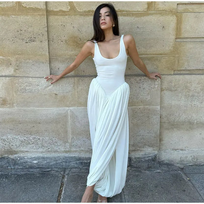 Schwarzes A-Linien-Langkleid für Damen, elegant, quadratischer Ausschnitt, plissiert, ärmellos, Sling-Maxikleider, 2025, Sommer-Dame, Urlaub, Party, Roben