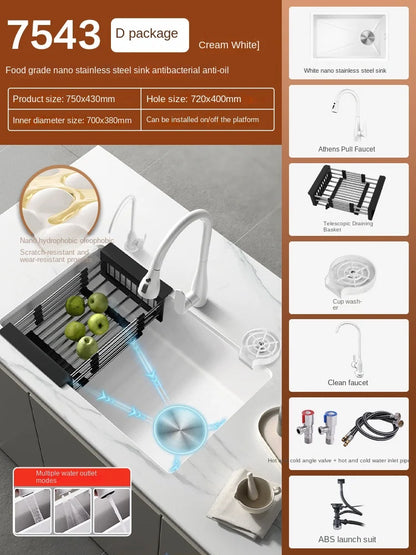 White Stainless Steel Kitchen Sink with Digital Display Multifunction Waterfall Faucet large Wash Basin for Kitchen Accessories