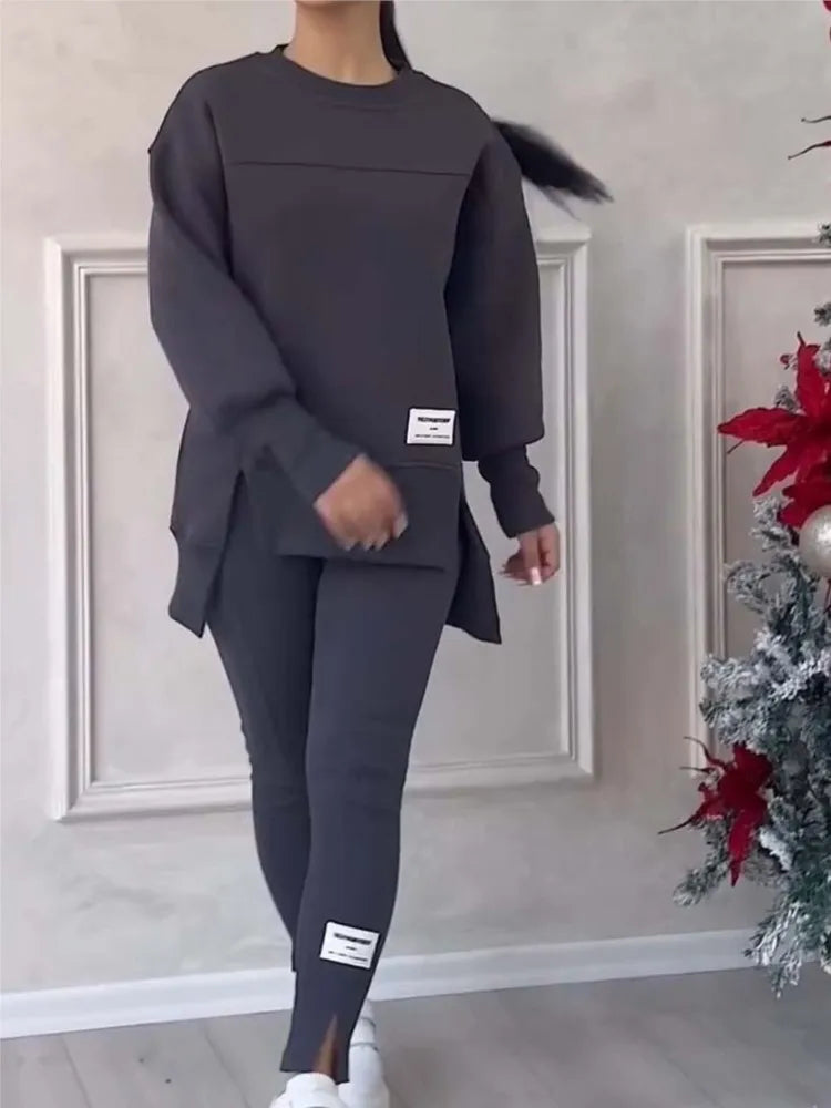 Women's Casual Sweatshirt Sports Set Autumn Winter Fashion Solid Loose Irregular Sweatshirt Top And Slim Trouser Two Piece Sets.