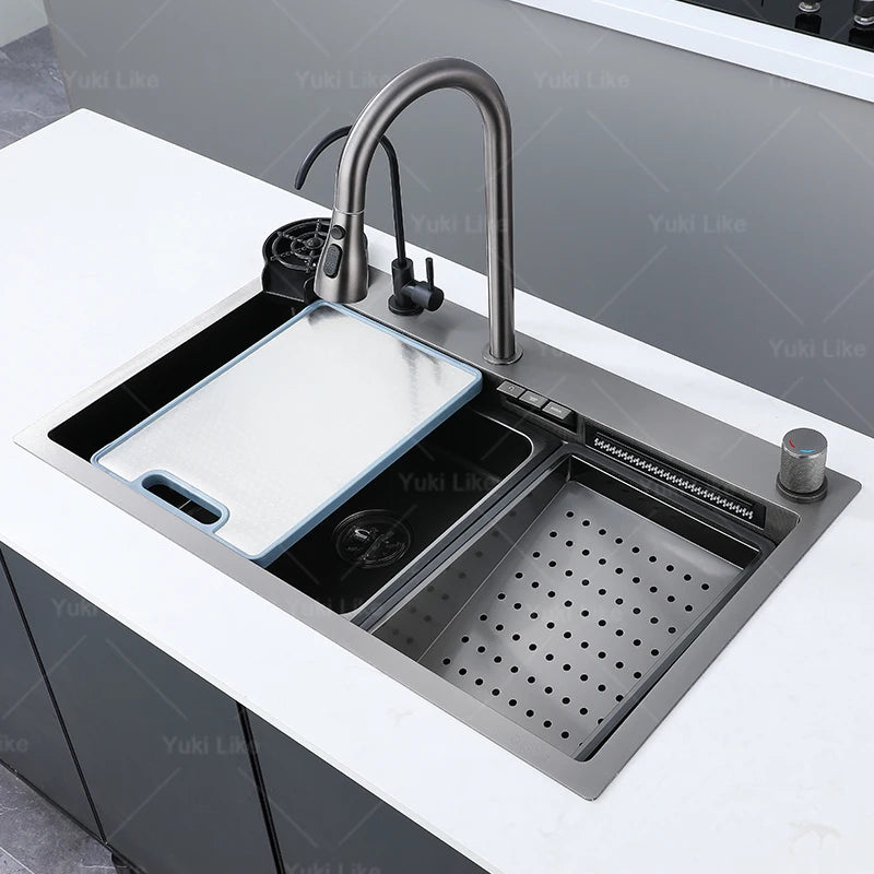 New Stainless Steel Kitchen Sink with Waterfall  Large Single Slot Various Multifunctional Sinks Dish and Vegetable Wash Basin