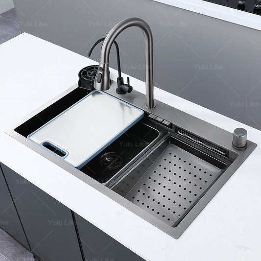 New Stainless Steel Kitchen Sink with Waterfall  Large Single Slot Various Multifunctional Sinks Dish and Vegetable Wash Basin