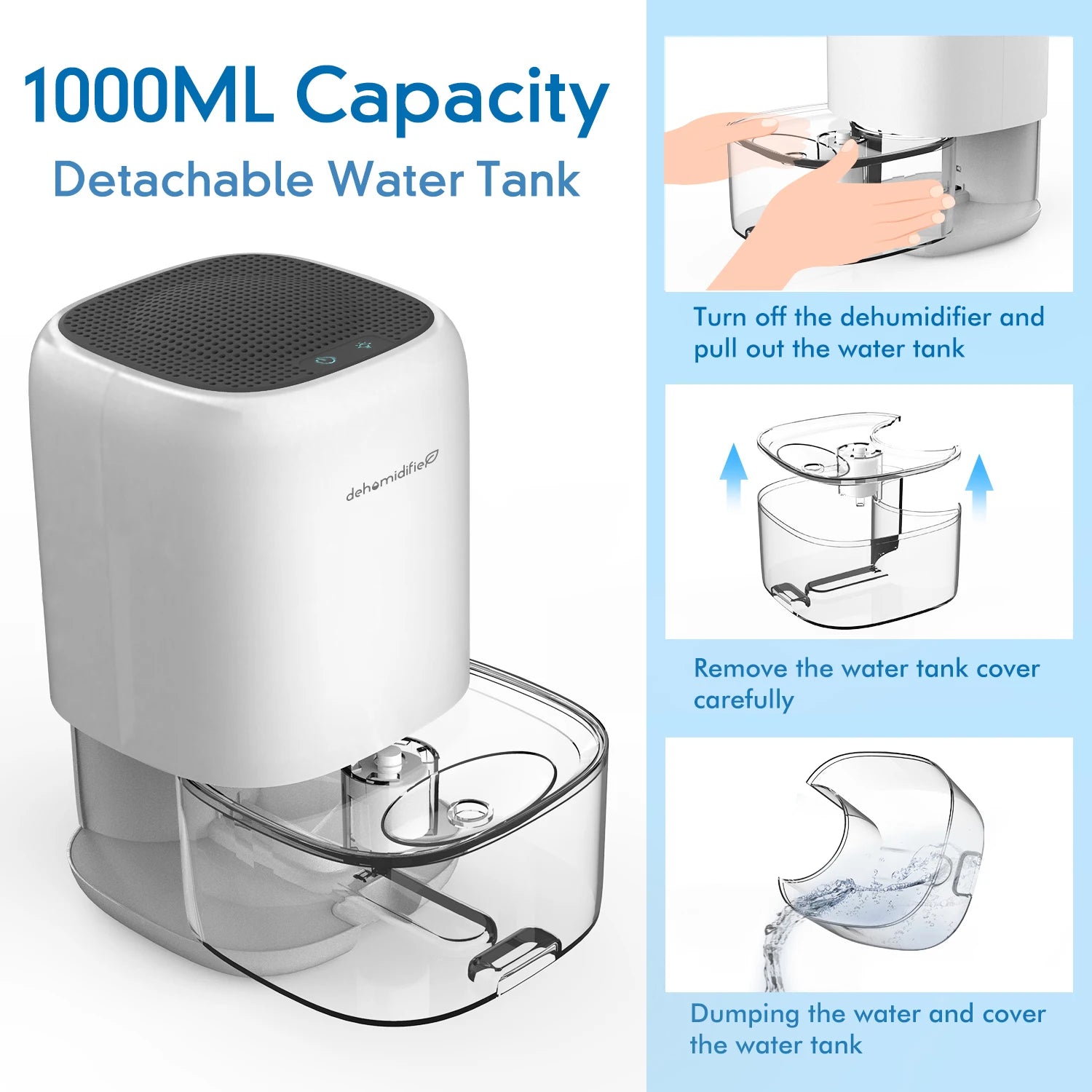 Air Dehumidifier for Bedroom 7 Corlor RGB Light 280 sq. ft Mini Portable Utral Quiet and Auto Shut Off  Closet Bathroom1000ML.