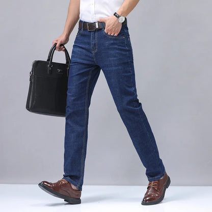 2024 New Brand Men's Fit Straight Lightweight Cotton Stretch Denim Pants Casual Male High Waist Thin Light Blue Business Jeans.