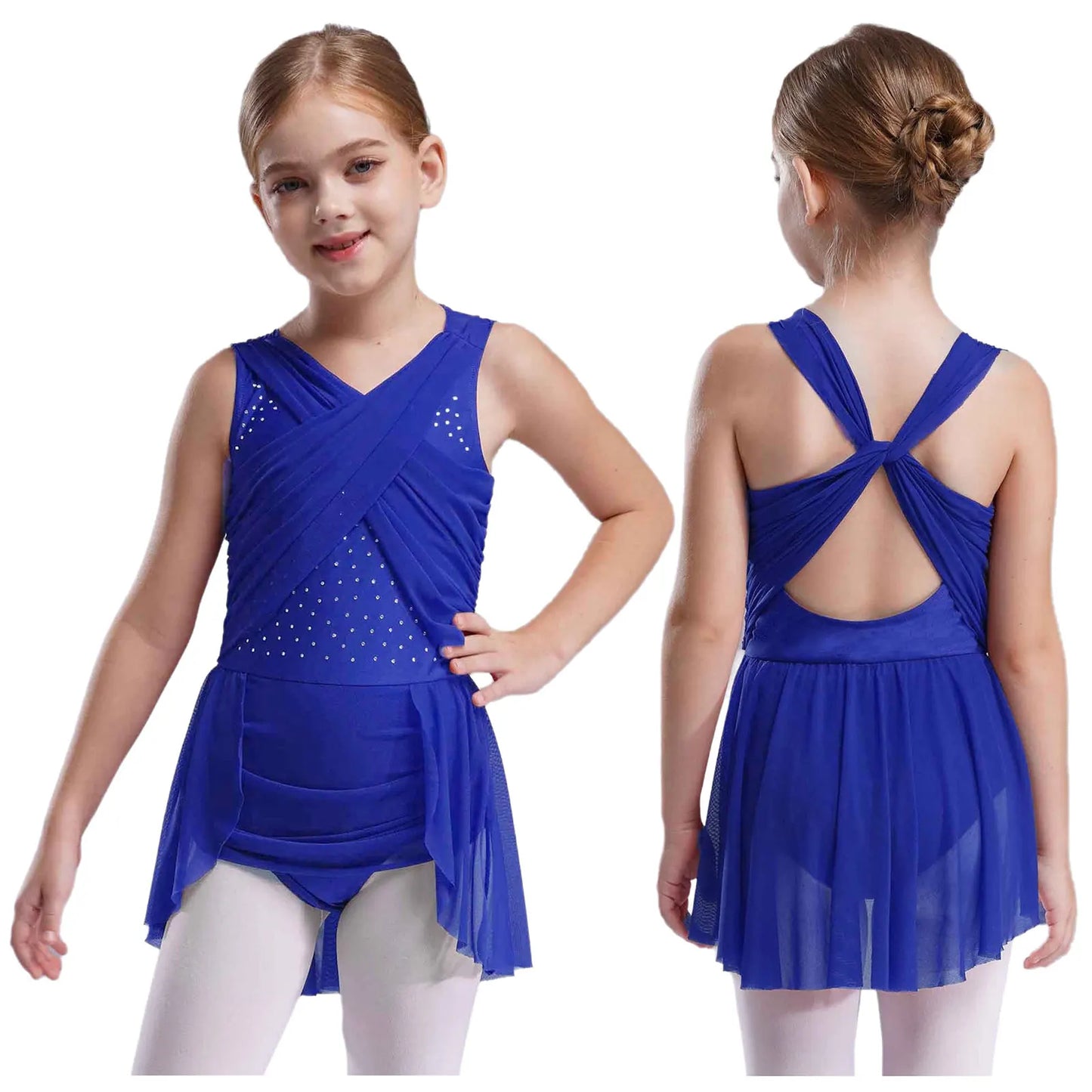 Kinder Mädchen Ärmellose Ausschnitt Strass Eiskunstlauf Trikot Kleid Lyrical Dance Gymnastik Akrobatik Leistung Kostüm
