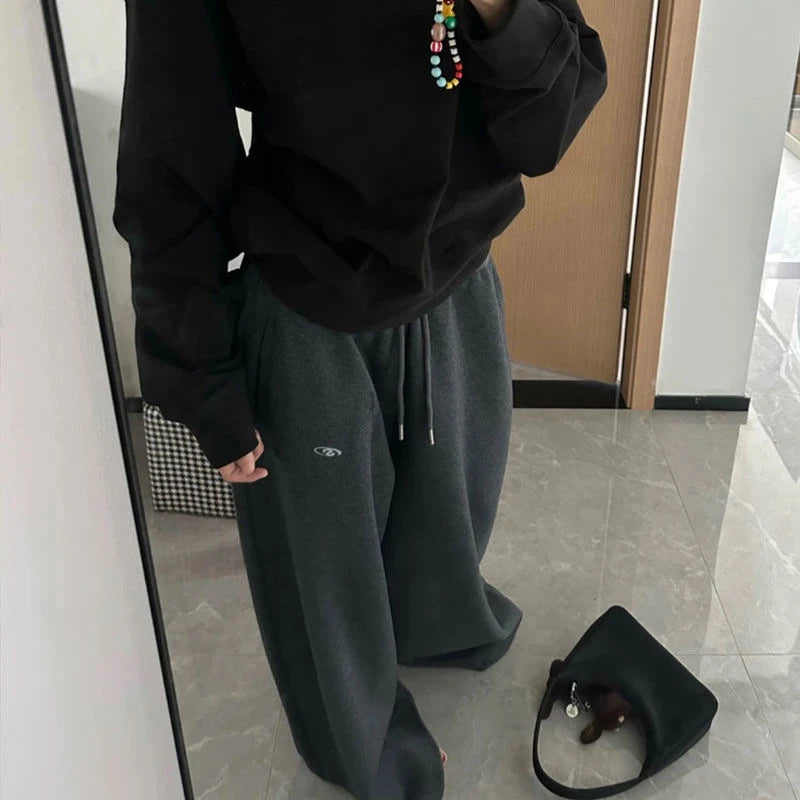Oversize Cotton Pants Woman Y2K Casual Drawstring Trousers Korean Streetwear High Waist All Match Jogger Pants Grey Sweatpants