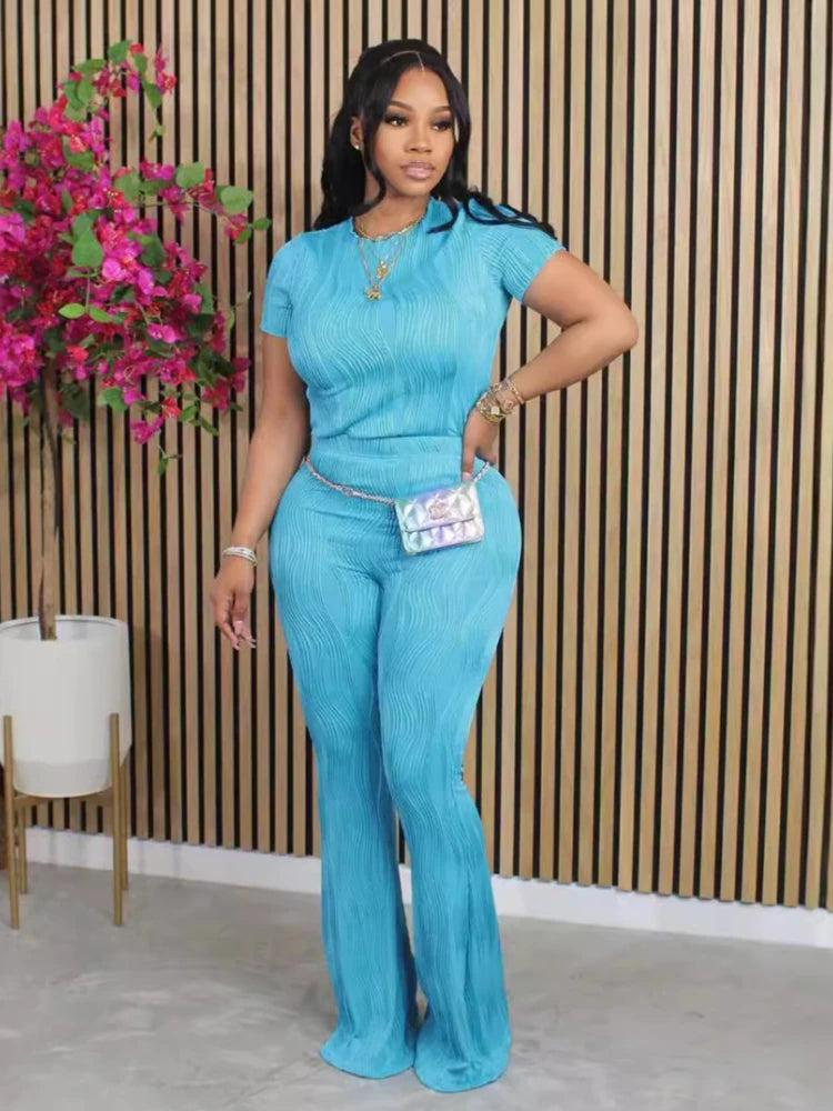 Two Piece Sets Women Pants Set Matching Sets Short Sleeve Solid Casual Tops Long Pants High Waist Bodycon Y2k Streetwear 2025.