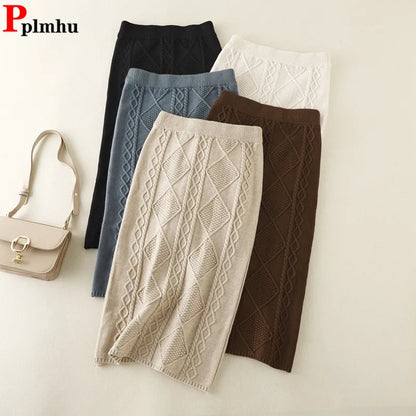 Fall Winter Thick Knitted Slim Skirt Women Casual Elastic High Waist Knitwears Straight Faldas Classic Solid Mid-length Saia New.