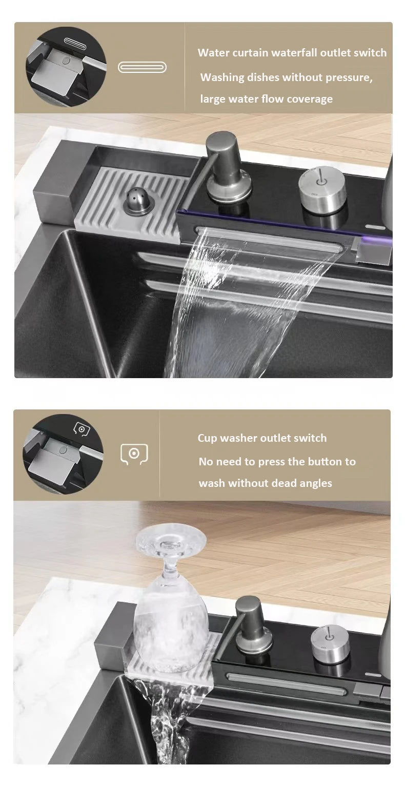 Whale sink kitchen single bowl nano black honeycomb LED digital display flying rain stainless steel large single bowl sink