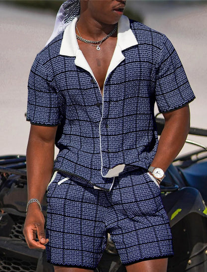 Men's Plaid Geometric Pattern Two-piece Shirt Hawaiian Short Sleeve Shirt Shorts Fashion Street Design Outdoor Nightclub Print.