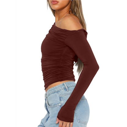 NEW-Women's Casual Long Sleeve Boat Neck Off Shoulder Slim Fit Crop Top Going Out Blouses Y2K Tight Shirts.
