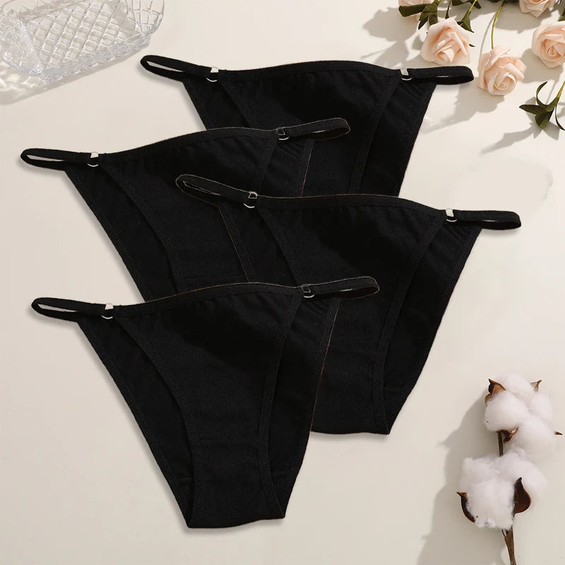 FINETOO 4Pcs Women's Cotton Panties Sexy Metal Ring Waist Underwear Solid Breathable Panties Ladies Soft Briefs Comfort Lingerie.
