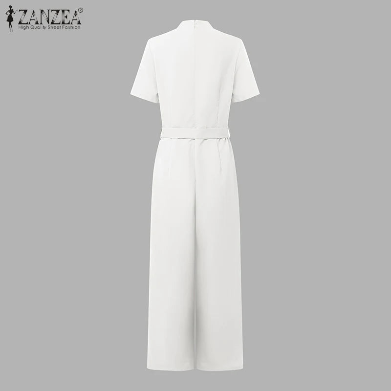 ZANZEA Street Fashion High Waist Jumpsuits Women Workwear Belt Rompers Solid Deep V Neck Elegant Office Lady Long Overalls.