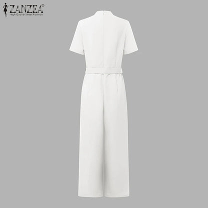 ZANZEA Street Fashion High Waist Jumpsuits Women Workwear Belt Rompers Solid Deep V Neck Elegant Office Lady Long Overalls.
