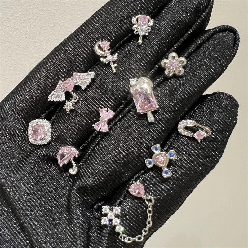 1PCS Cute Pink Zircon 316L Stainless Steel Ear Bone Nail New Fashion Y2K Punk Small Earring for Women Cochlea Jewelry Party Gift.