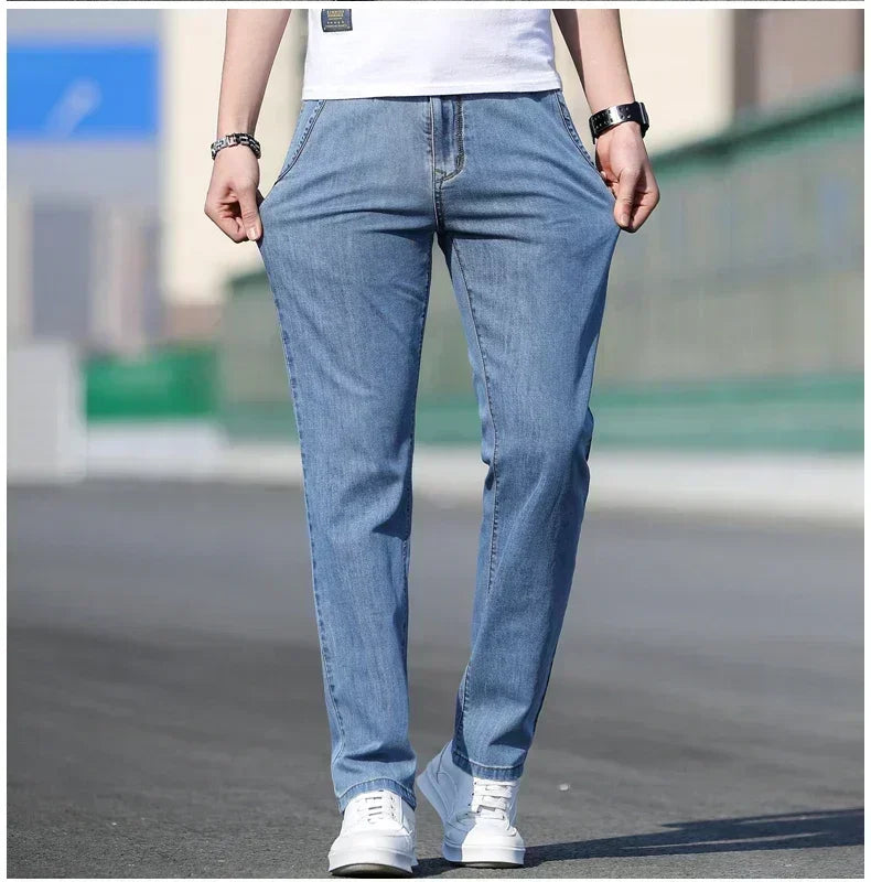 Thin Men's Baggy Soft Casual Jeans Gray Summer Fashion Versatile Comfortable Stretch Straight Casual Jeans Light Blue Male.