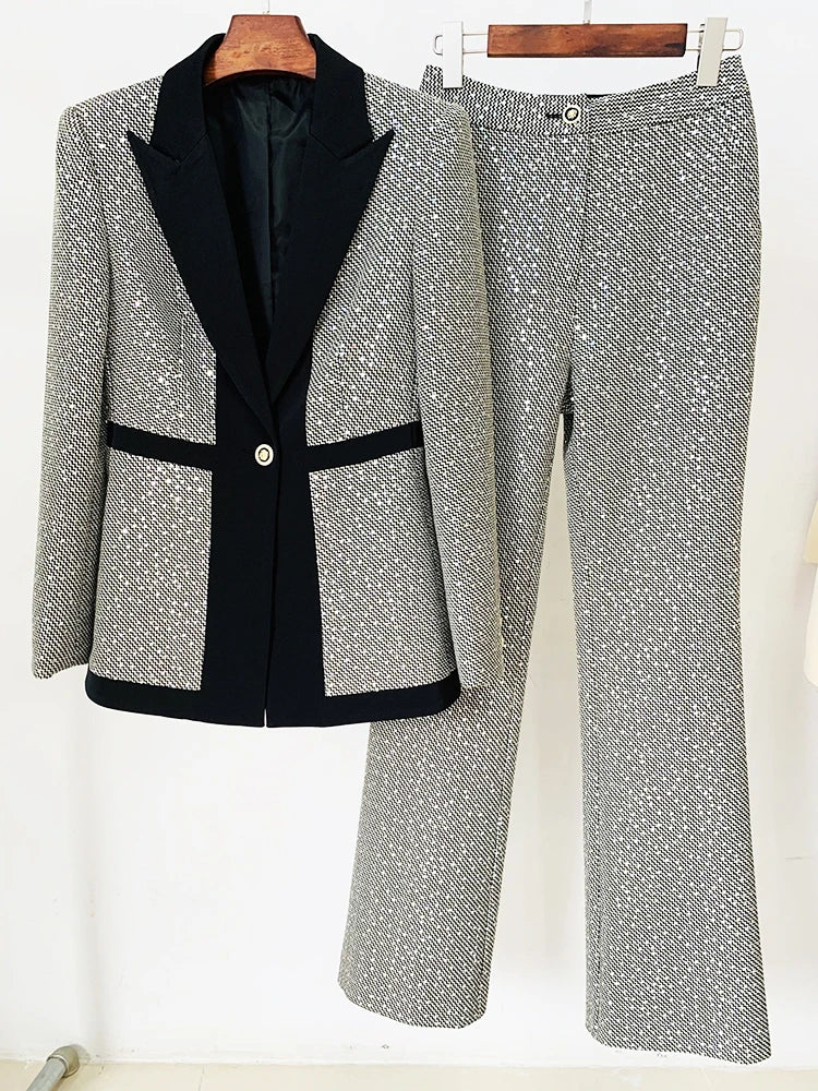 HIGH QUALITY 2025 Newest Designer Fashion Runway Suit Set Women Glitter Squined Blazer Jacket Pants Set.