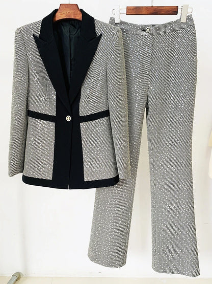 HIGH QUALITY 2025 Newest Designer Fashion Runway Suit Set Women Glitter Squined Blazer Jacket Pants Set.