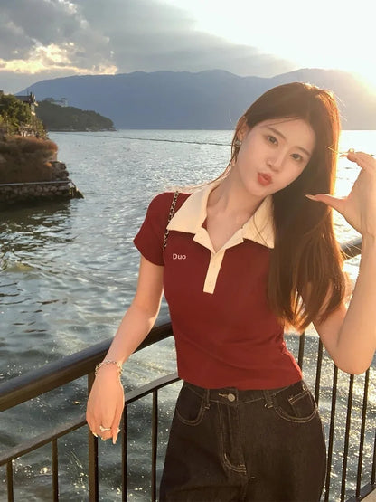 Women's Slim Fit Short Sleeve Polo Shirt Summer New Color Collision Design Red T-Shirt Top Fashionable Casual Business Wear