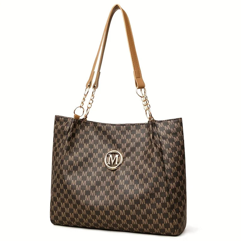 Vintage Geometric Tote Bag Synthetic Leather Letter "M" Design for Women Handbag Shoulder Bag Large Capacity Shopping Travel Bag.