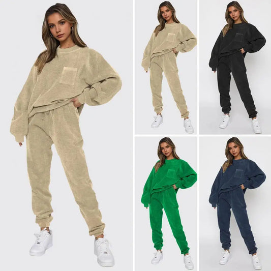 Fashion Autumn And Winter New Corduroy Solid Color Pullover Long Sleeve Female Suit Casual Sports Pants For Women's 2 Piece Set.