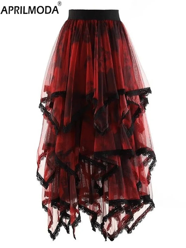 Irregular Hem Lace Cake Mesh Midi Long Skirt High Elastic Waist Ball Gown Harajuku Gothic Cosplay Maxi Skirts Red Party Skater.