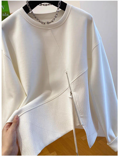 Autumn and Winter Women's Pullover Round Neck Hoodie Lazy Style Splicing Design Loose Long Sleeve Tops.