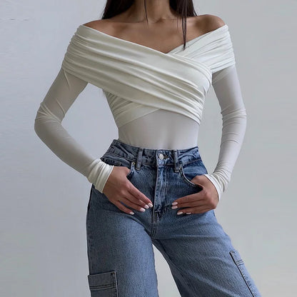 Sexy Off Shoulder Bodysuits Women Fashion Black Crossed Folds Skinny Rompers Long Sleeve Fashion Streetwear Autumn Bodysuits New.