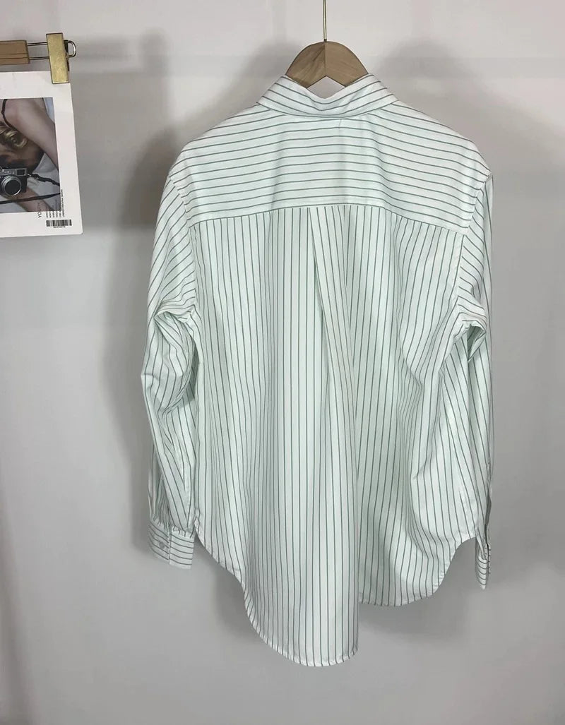 LUXURY Women's Vertical Striped Shirt, Short Front and Back, Short, Vertical Striped Shirt, Loose Long Sleeve, Commuter Style.