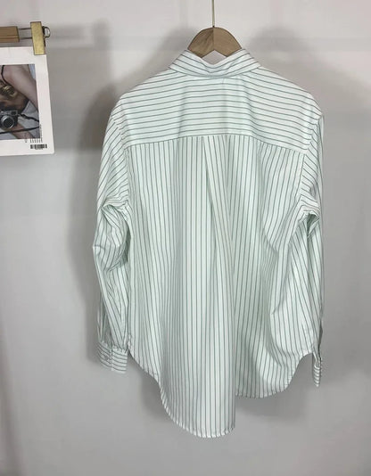 LUXURY Women's Vertical Striped Shirt, Short Front and Back, Short, Vertical Striped Shirt, Loose Long Sleeve, Commuter Style.