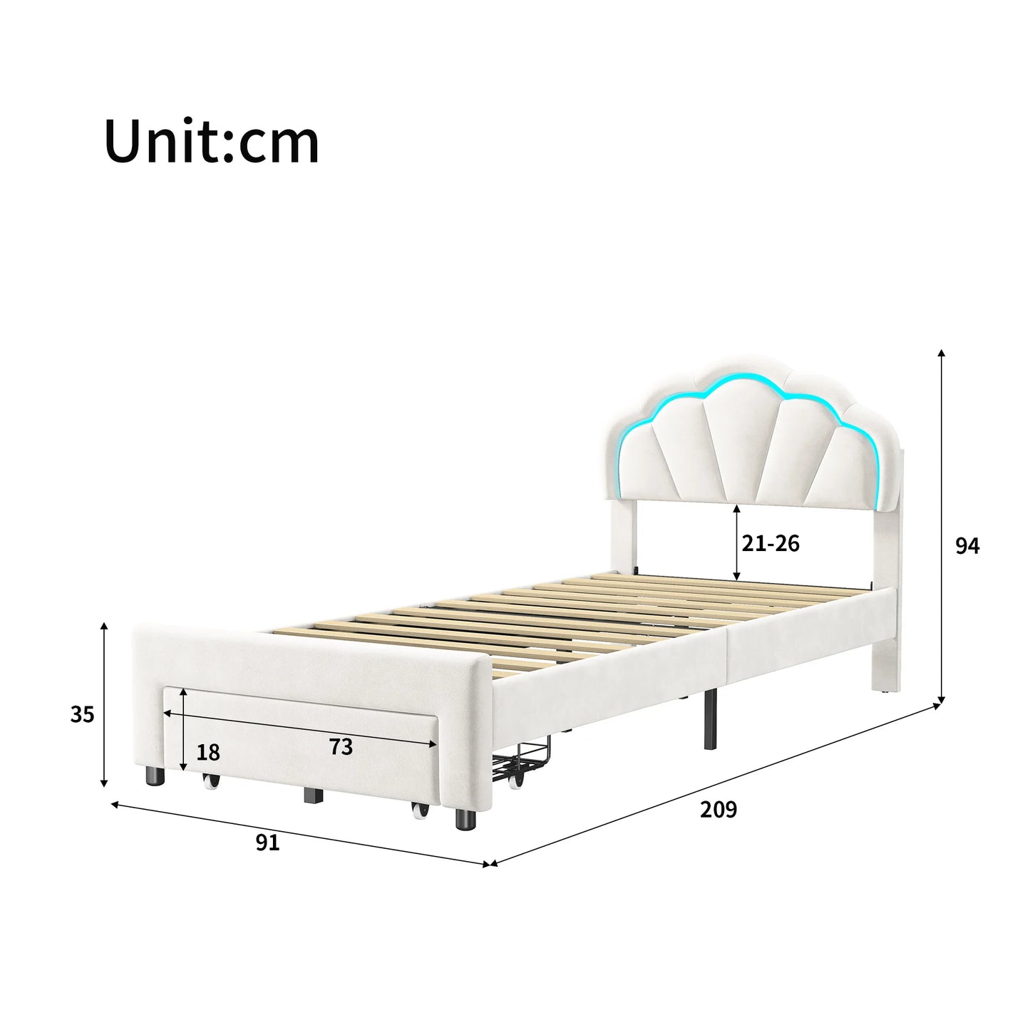 Rosahqnda gepolsterter Bettrahmen mit blumenförmigem Kopfteil, Bettrahmen, Einzelbett, Blütenblattbett, Jugendbett für Jungen und Mädchen