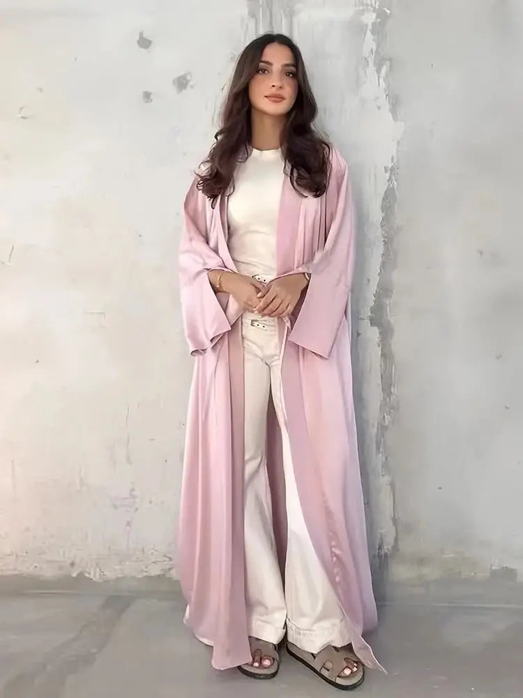 Girl Muslim Palestine Kaftan Dress Open Satin Kimono Pink Abaya Women Dubai Clothing Kebaya Robe Caftan Marocain Femme Musulmane.